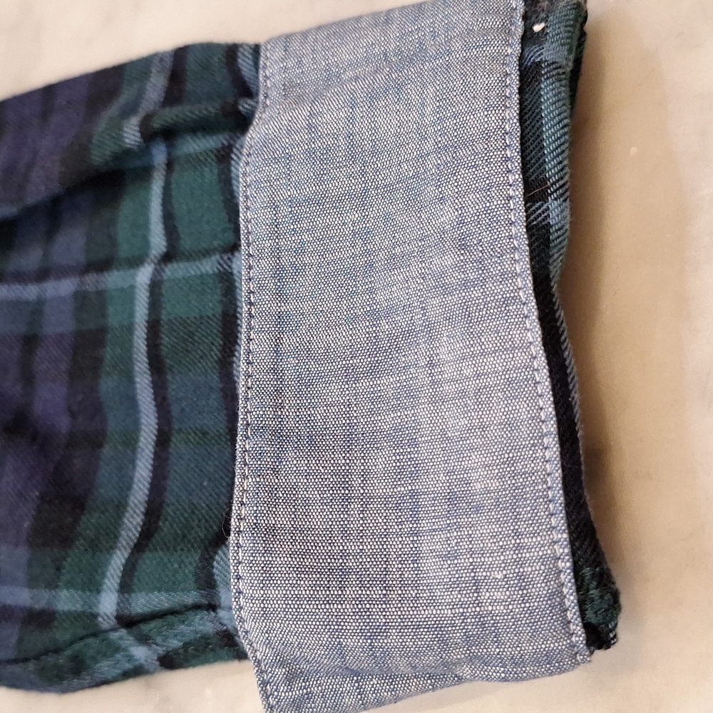 L.L. Bean Tartan Plaid Denim Flip Cuff Mens Casual Green Blue Flannel Shirt Sz L - Picture 3 of 8